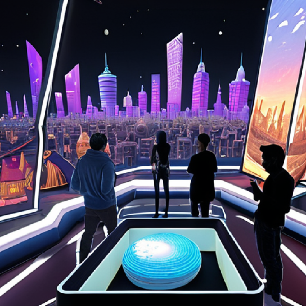 **A bustling virtual cityscape within a metaverse platform, showcasing diverse architectural styles on plots of virtual land. Users interact with each other, attending a virtual concert and visiting a digital art gallery. The scene incorporates elements of digital ownership and social interaction, emphasizing the creative and entrepreneurial opportunities within metaverse real estate.**