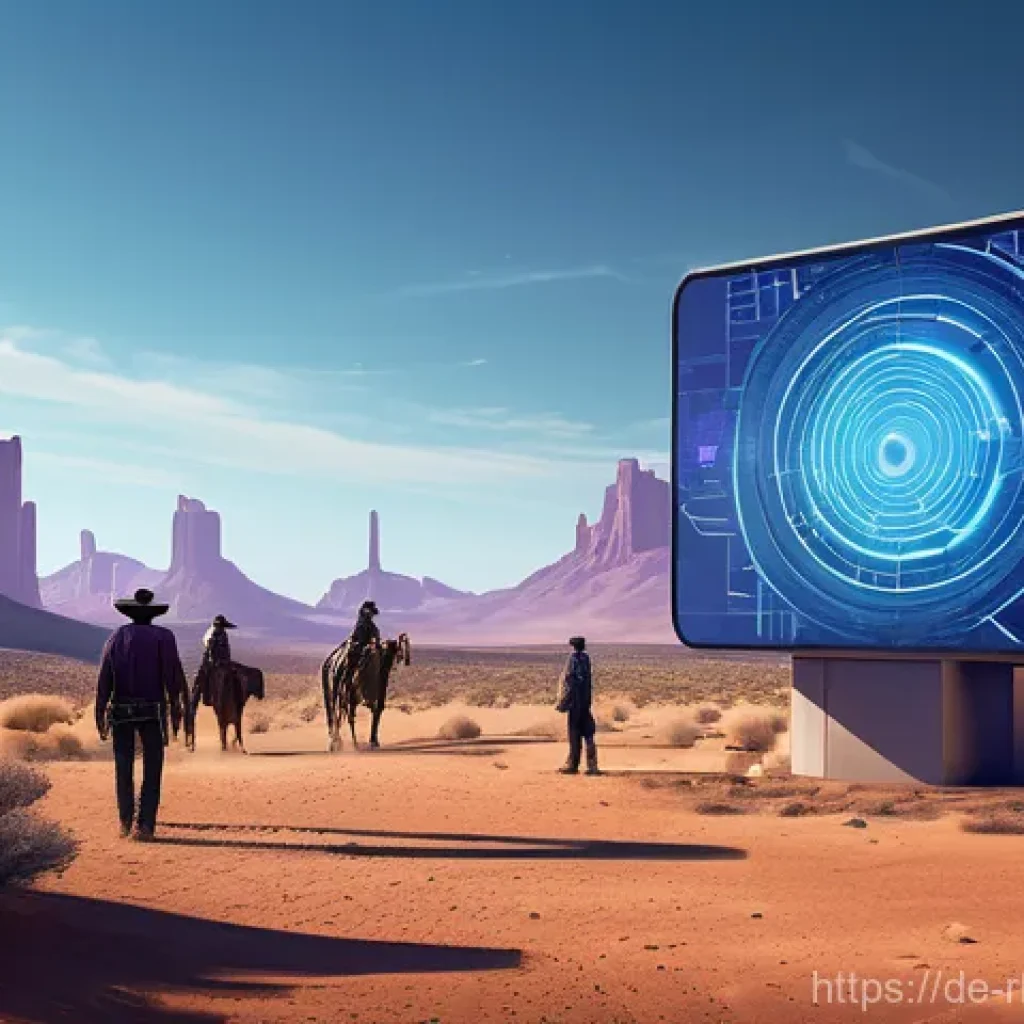 가상 부동산 투자 관련 법률 및 규제 - **Prompt:** A futuristic, stylized Western town in a vast digital desert. Cowboys and cowgirls, wear...