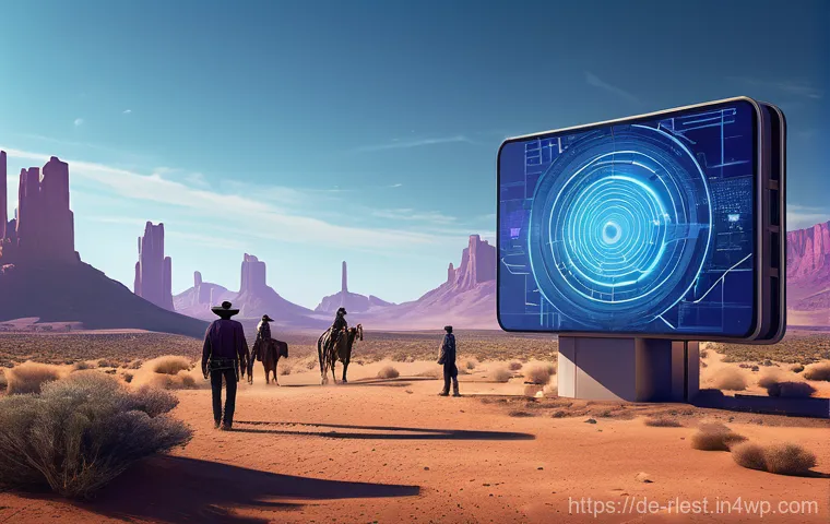 가상 부동산 투자 관련 법률 및 규제 - **Prompt:** A futuristic, stylized Western town in a vast digital desert. Cowboys and cowgirls, wear...