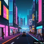 Home 22 가상 부동산 투자에 대한 장기 전망 - A futuristic digital cityscape inside a popular metaverse platform like Decentraland or The Sandbox,...