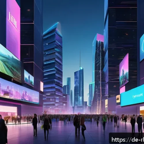Home 33 가상 부동산 시장의 경쟁 분석 - A futuristic virtual real estate hub in the Metaverse showcasing a bustling digital cityscape with h...