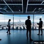 Home 18 가상 부동산의 글로벌 트렌드 - A futuristic digital real estate marketplace interface set in a sleek Berlin-style office environmen...