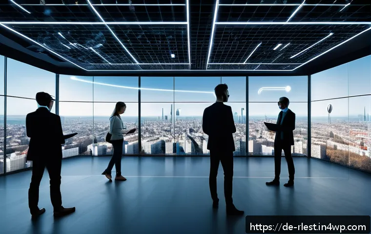 가상 부동산의 글로벌 트렌드 - A futuristic digital real estate marketplace interface set in a sleek Berlin-style office environmen...
