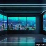 Home 23 가상 부동산 투자 시 자산 분산 효과 - A futuristic digital real estate market scene set in a sleek, high-tech metropolis with transparent ...