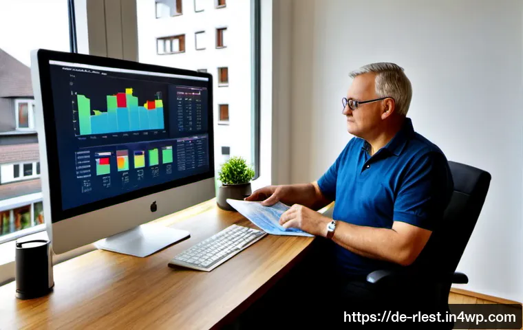 Home 17 가상 부동산 투자와 경제적 분석 - Photorealistic modern home office in Germany, middle-aged investor reviewing a virtual real estate i...
